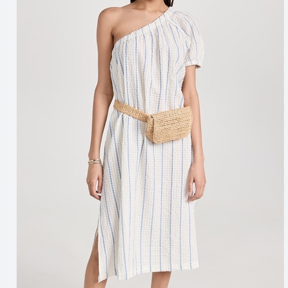 Madewell 100% Cotton Blue White Seersucker Striped One Shoulder Midi Dress XS